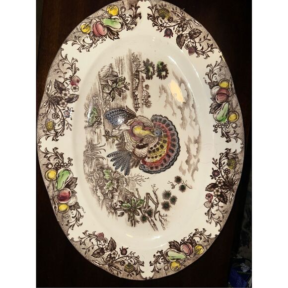 Vintage Ceramic Thanksgiving Scene Turkey Platter Transferware Japan 18" X 13.5" - Picture 1 of 6